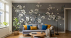 Design SL0812 — Papier peint Magnolias blancs oiseaux bleus fond gris fonce — Novomur