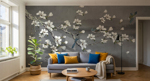 Design SL0812 — Papier peint Magnolias blancs oiseaux bleus fond gris fonce — Novomur