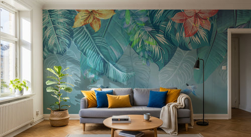 Design SL0813 — Papier peint Feuilles tropicales hibiscus aquarelle bleu — Novomur