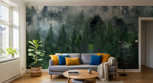 Design SL0835 — Papier peint Foret pins brumeuse photo realiste — Novomur