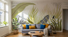 Design SL0844 — Papier peint Palmes bananiers jaune gris fond blanc — Novomur