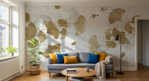 Design SL0848 — Papier peint Ginkgo dores oiseaux fond marbre — Novomur