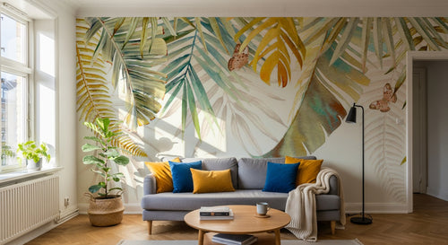 Design SL0856 — Papier peint Feuilles tropicales dores turquoise papillons — Novomur