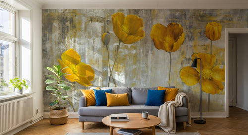 Design ZX0079 — Papier peint Coquelicots jaunes huile fond gris grunge — Novomur