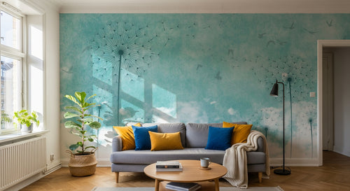 Design ZX0122 — Papier peint Pissenlits noirs ciel turquoise nuages — Novomur