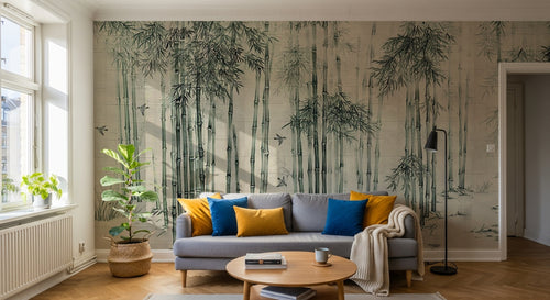 Design ZX0147 — Papier peint Foret bambous oiseaux fond beige chinois — Novomur