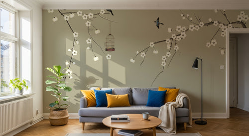Design ZX0198 — Papier peint Branches fleuries oiseaux cage chinoiserie — Novomur