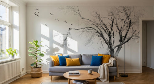 Design ZX0234 — Papier peint Arbre solitaire oiseaux hiver brume — Novomur