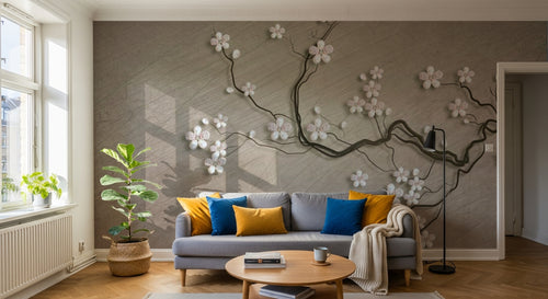 Design ZX0251 — Papier peint Branche fleurs blanches relief beige — Novomur