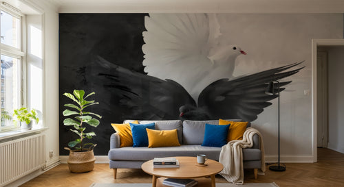 Design ZX0330 — Papier peint Colombes blanche noire dramatique vol — Novomur