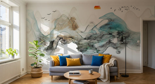 Design ZX0344 — Papier peint Paysage abstrait montagnes soleil barque — Novomur