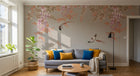 Design ZX0471 — Papier peint Glycine cascade rose oiseaux beige — Novomur