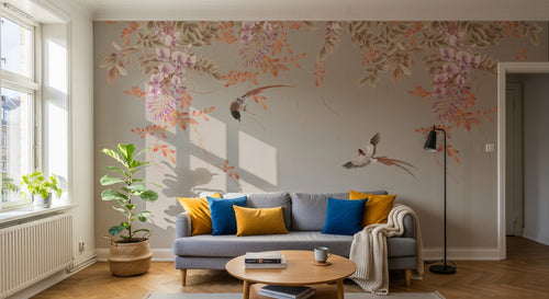 Design ZX0471 — Papier peint Glycine cascade rose oiseaux beige — Novomur