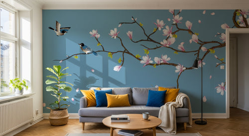 Design ZX0473 — Papier peint Magnolias roses oiseaux bleu chinoiserie — Novomur