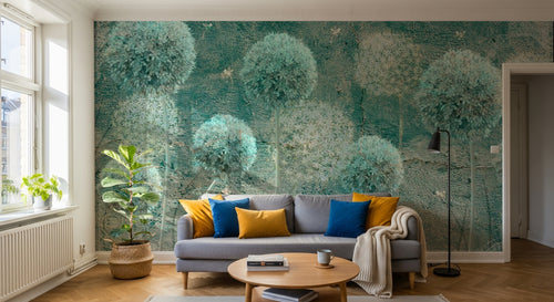 Design ZX0498 — Papier peint Pissenlits turquoise grunge texture — Novomur