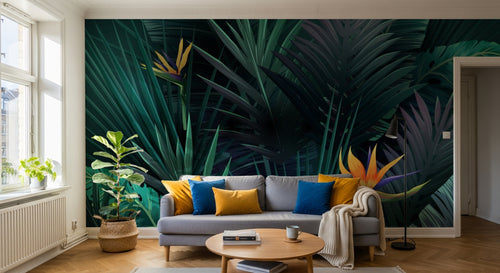 Design ZX0500 — Papier peint Jungle sombre oiseaux paradis bananiers — Novomur