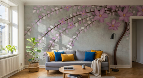Design ZX0511 — Papier peint Branche fleurs violettes 3D fond beige — Novomur