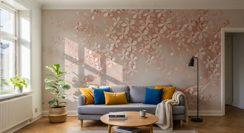 Design ZX0513 — Papier peint Branches fleurs roses 3D fond clair — Novomur