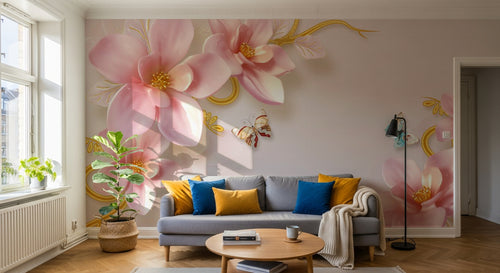 Design ZX0555 — Papier peint Magnolias roses ornements dores luxe — Novomur