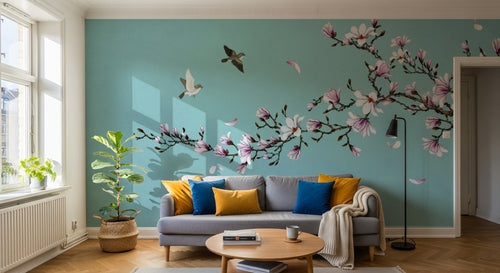Design ZX0580 — Papier peint Magnolia rose oiseaux fond turquoise — Novomur
