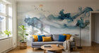 Design ZX0658 — Papier peint Paysage encre fluide bleu soleil orange — Novomur