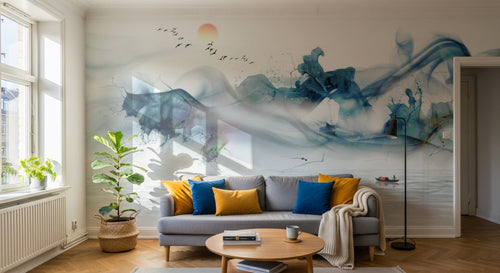 Design ZX0658 — Papier peint Paysage encre fluide bleu soleil orange — Novomur