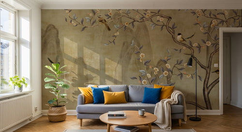 Design ZX0664 — Papier peint Pommier fleurs oiseaux montagne encre — Novomur