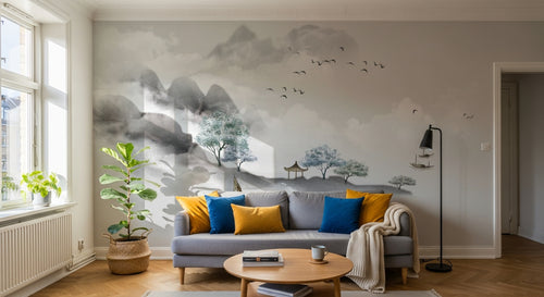 Design ZX0681 — Papier peint Paysage encre pavillons voiliers turquoise — Novomur