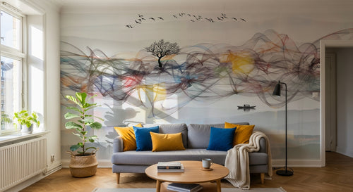 Design ZX0690 — Papier peint Vagues abstraites arbres oiseaux paysage — Novomur