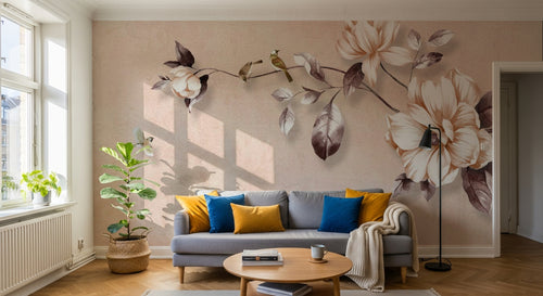 Design ZX0696 — Papier peint Branche fleurs blanches oiseaux beige — Novomur