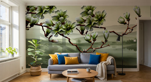 Design ZX0743 — Papier peint Magnolia vert paysage brumeux lac — Novomur