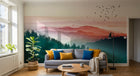 Design ZX0757 — Papier peint Foret aerienne degrade soleil oiseaux — Novomur