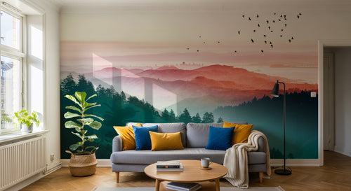 Design ZX0757 — Papier peint Foret aerienne degrade soleil oiseaux — Novomur