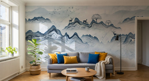Design ZX0768 — Papier peint Paysage encre montagne cerfs barque — Novomur