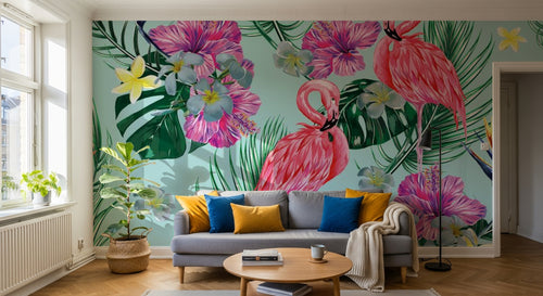 Design ZX0769 — Papier peint Flamants hibiscus monstera turquoise pop — Novomur