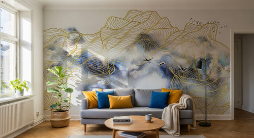 Design ZX0778 — Papier peint Montagnes lignes dorees grues abstrait — Novomur