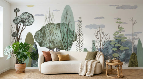 Design B032 — Papier peint Foret stylisee scandinave arbres minimalistes — Novomur