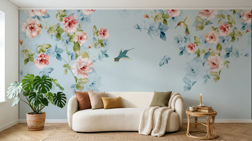 Design FC015 — Papier peint Floral romantique roses colibris fond bleu — Novomur