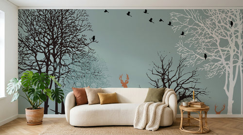 Design FC116 — Papier peint Foret hiver cerfs sautant migration — Novomur