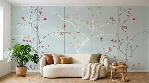 Design FC121 — Papier peint Branches baies rouges fond bleu pale — Novomur