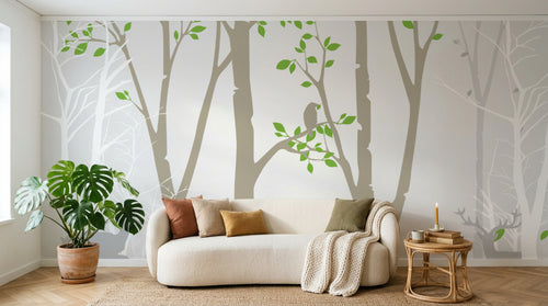 Design FC226 — Papier peint Foret scandinave cerfs et oiseau silhouette — Novomur