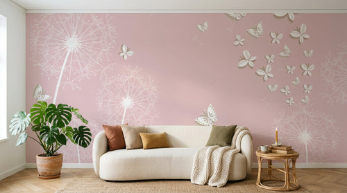 Design FC240 — Papier peint Pissenlits blancs papillons rose pale — Novomur