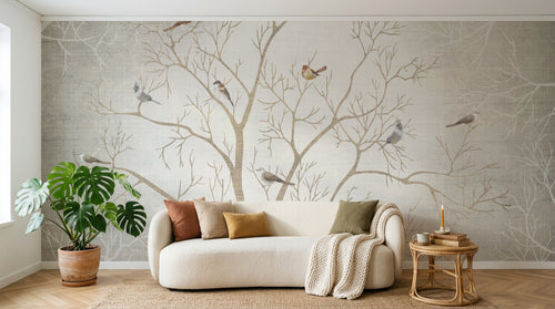 Design FC269 — Papier peint Grand arbre nu oiseaux brume — Novomur