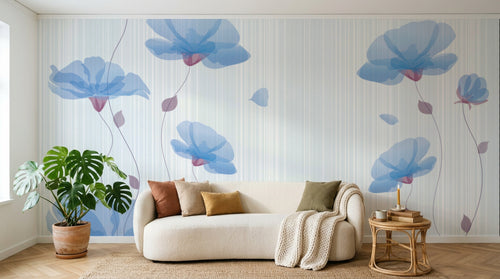Design FC355 — Papier peint Fleurs bleues transparentes rayures pastel — Novomur