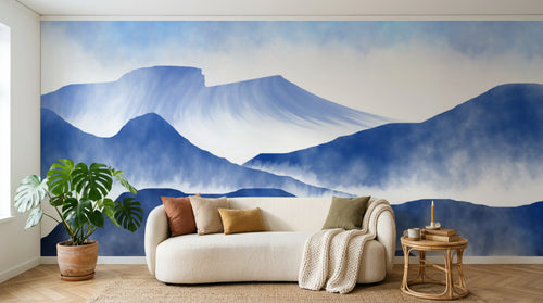 Design FC380 — Papier peint Montagnes brume bleu soleil rouge — Novomur