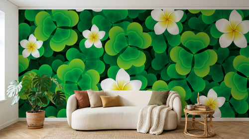 Design FC482 — Papier peint Trefles vert vif et frangipaniers blancs — Novomur