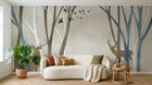 Design FC510 — Papier peint Foret cerfs et oiseaux silhouette beige bleu — Novomur
