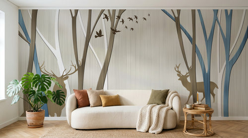 Design FC510 — Papier peint Foret cerfs et oiseaux silhouette beige bleu — Novomur