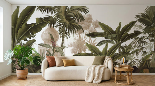 Design L0093 — Papier peint Jungle vintage palmiers et pagode — Novomur