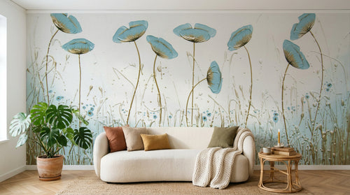 Design L0345 — Papier peint Coquelicots bleus prairie 3D relief — Novomur